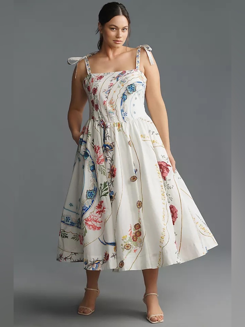 Anthropologie Tie Strap Printed Midi Dress Floral Sundress Birds Large - Picture 1 of 13
